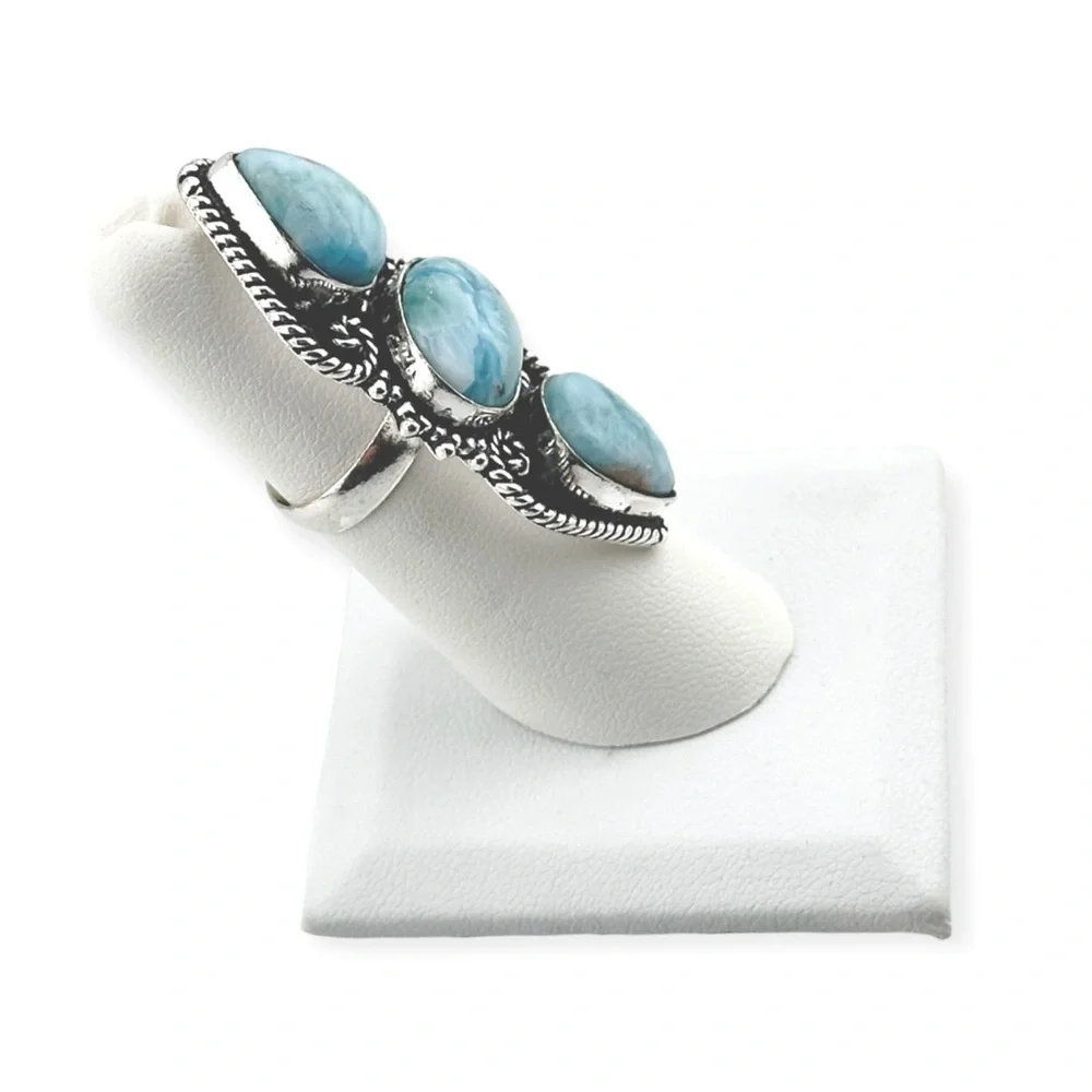 Larimar Caribbean Natural 925 Silver Gemstone Crystal Ring